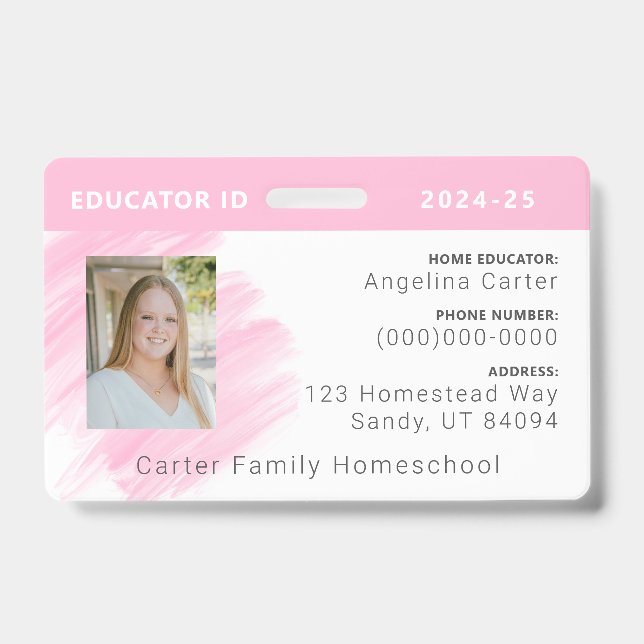 Pink Watercolor Homeschool Educator ID Badge (Front)