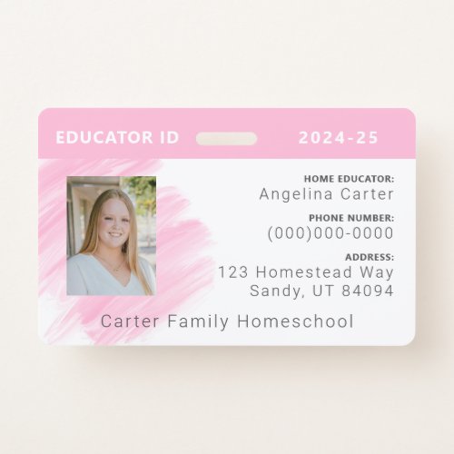 Pink Watercolor Homeschool Educator ID Badge