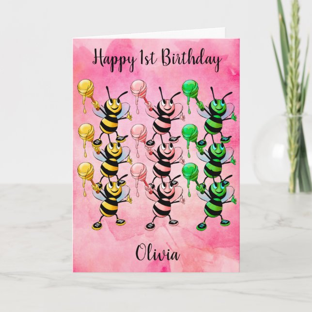 Pink Watercolor Honey Bees Happy 1st Birthday Card (Front)