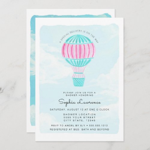 Pink Watercolor Hot Air Balloon Baby Shower Invitation