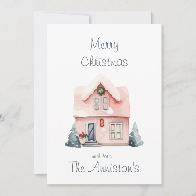 Pink Watercolor House Christmas Card (Front)