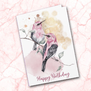 Pink Watercolor Hummingbirds Happy Birthday Card