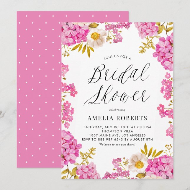 Pink Watercolor Hydrangea Floral Bridal Shower Invitation (Front/Back)