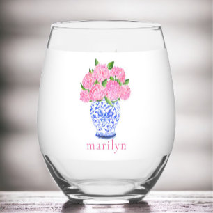 Pink Watercolor Hydrangeas Chinoiserie Custom Stemless Wine Glass