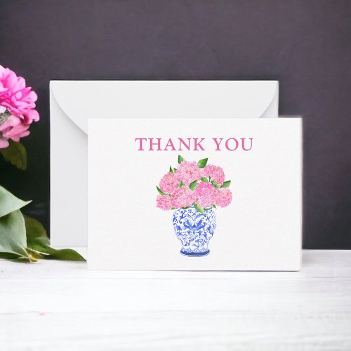 Pink Watercolor Hydrangeas Chinoiserie Thank You Note Card