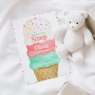 Pink Watercolor Ice Cream 1st Birthday Invitation