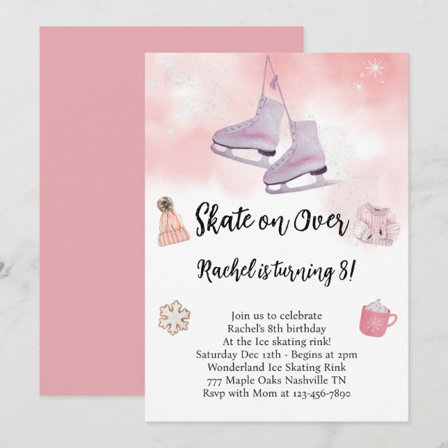 Pink Watercolor Ice Skating Birthday Invitation (Front/Back)