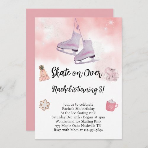 Pink Watercolor Ice Skating Birthday Invitation