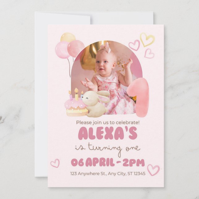 Pink Watercolor Illustrative Cute One YearBirthday Invitation (Front)