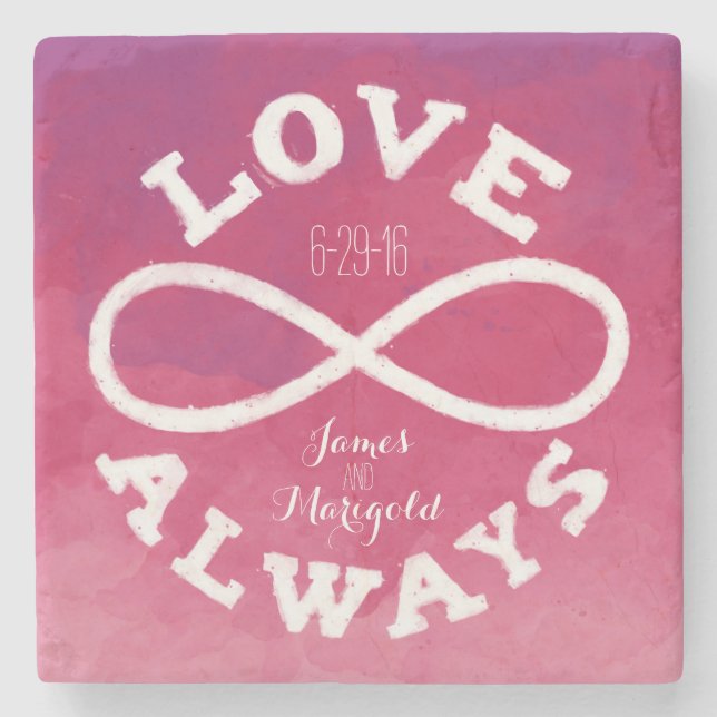 Pink Watercolor Infinity Love Wedding Date, Names Stone Coaster (Front)