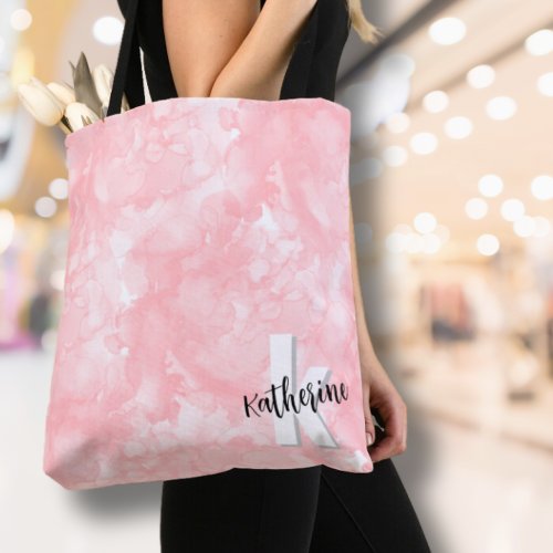 Pink Watercolor Initial Monogram Tote Bag