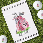 Pink Watercolor Initial Name Monogram Golf Towel<br><div class="desc">This cute monogram golf towel features a stylish pink watercolor golf bag filled with clubs, surrounded by a touch of green grass. The design cleverly incorporates a simple serif font initial monogram on the bag, seamlessly blending into the bag's design. Below the monogram, the full name is elegantly displayed in...</div>