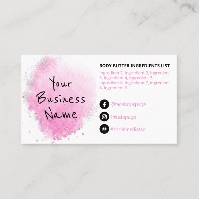 Pink Watercolor Ink Ingredients Instructions Business Card (Front)