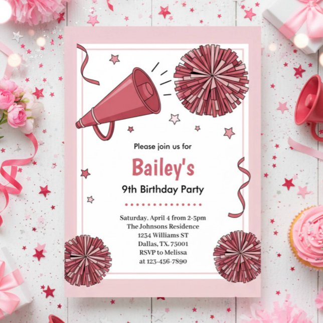 Pink Watercolor Kids Cheer Birthday Party Invitation (Creator Uploaded)