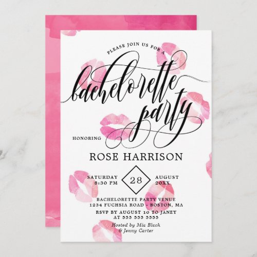 Pink Watercolor Kisses Bachelorette Party Invitation