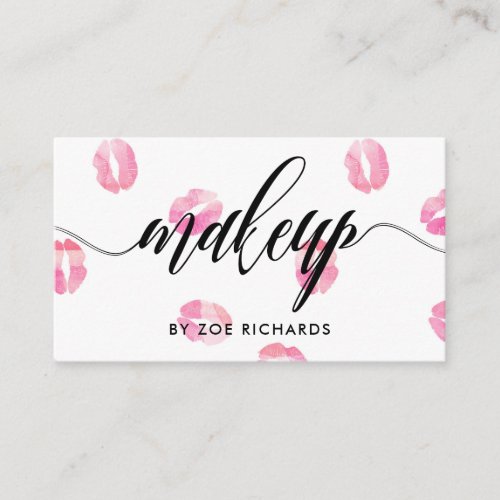 Pink Watercolor Kisses  Calligraphy Makeup Artist Business Card