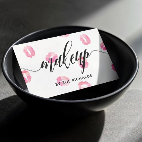 Pink Watercolor Kisses  Calligraphy Makeup Artist Business Card