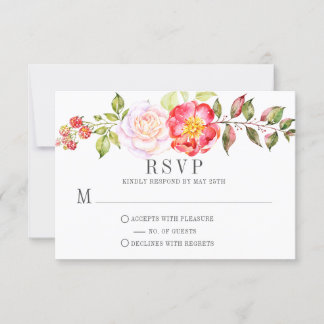 Pink Watercolor Knockout Roses Greenery RSVP Card