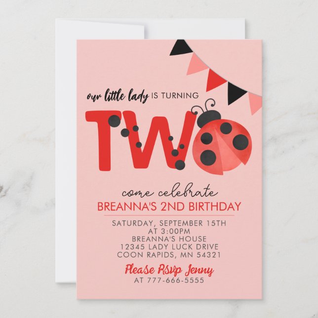 Pink Watercolor Ladybug 2nd Birthday invitation (Front)