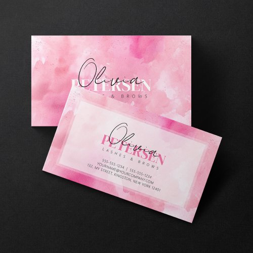 Pink Watercolor Lashes Brows Script Typography Business Card