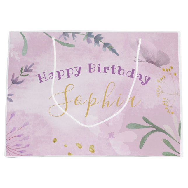 Pink Watercolor Lavender Floral Birthday Gift Bag (Front)