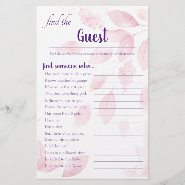 Pink Watercolor Leaves Find the Guest Game Card Flyer (Front)