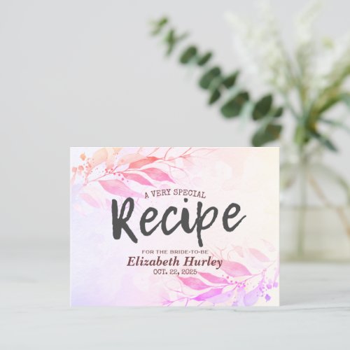 Pink Watercolor Leaves Floral Bridal Shower Recipe Invitation Postcard