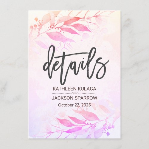 Pink Watercolor Leaves Wedding Information Details Enclosure Card