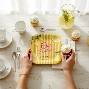 Pink Watercolor Lemon Ciao Bambina Baby Shower Paper Plates
