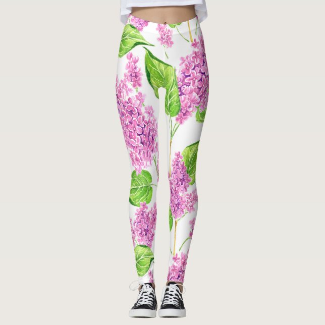 Pink watercolor lilac flowers leggings (Front)