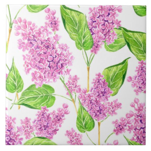 Pink watercolor lilac flowers tile