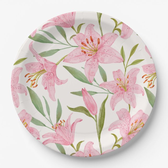 Pink Watercolor Lily Flowers Botanical Paper Plates (Front)