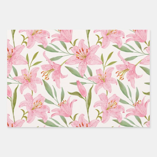 Pink Watercolor Lily Flowers Botanical Wrapping Paper Sheets (Front 3)