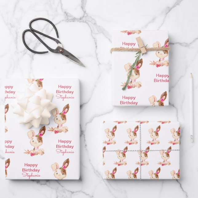 Pink Watercolor Little Bunny Wrapping Paper Sheets (Front)