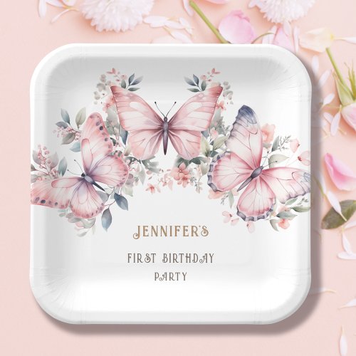 Pink Watercolor Little Butterfly Girl 1st Birthday Paper Plates