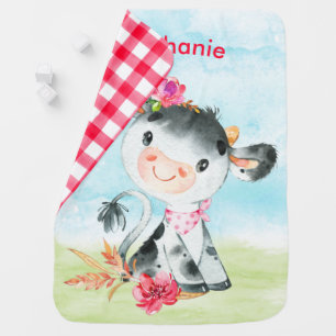 Pink Watercolor Little Cow Baby Blanket