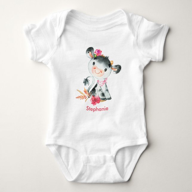 Pink Watercolor Little Cow Baby Bodysuit (Front)