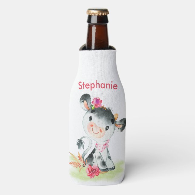 Pink Watercolor Little Cow Bottle Cooler (Bottle Front)