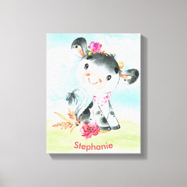 Pink Watercolor Little Cow Canvas Print (Front)