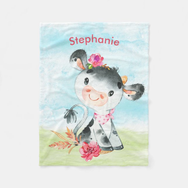 Pink Watercolor Little Cow Fleece Blanket (Front)