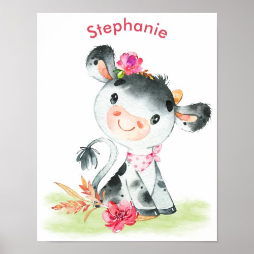 Pink Watercolor Little Cow Poster