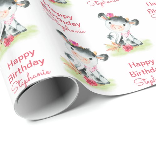 Pink Watercolor Little Cow Wrapping Paper