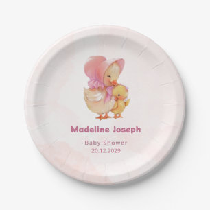 Pink Watercolor Little Ducking Girl Baby Shower Paper Plates