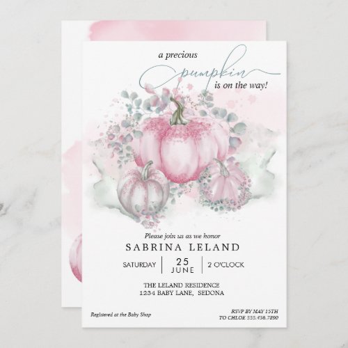 Pink Watercolor Little Pumpkin Girl Baby Shower Invitation