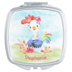 Pink Watercolor Little Rooster Compact Mirror