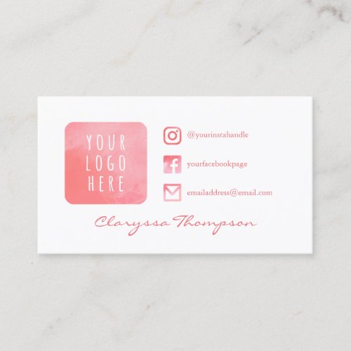 Pink Watercolor Logo & Photo Social Media Business Card