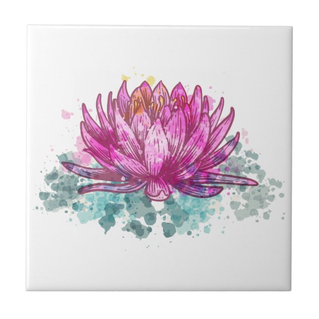Pink Watercolor Lotus Flower Ceramic Tile (Front)