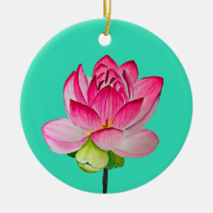 Pink watercolor lotus flower fine art ceramic ornament