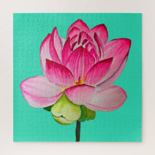 Pink watercolor lotus flower fine art jigsaw puzzle