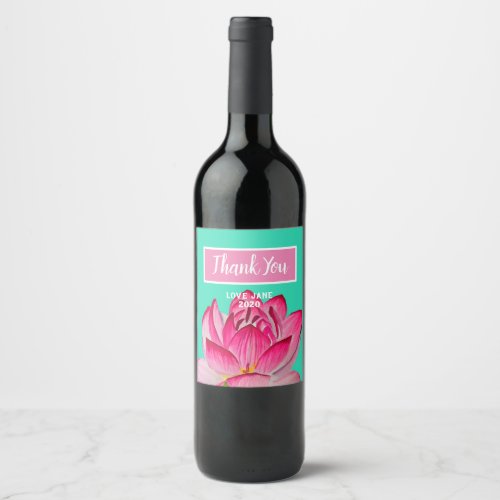 Pink watercolor lotus flower fine art wine label